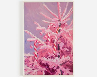 Hot Pink Tree With Candy Canes Print, Decorated Xmas Tree, Girly Holiday Aesthetic, Pink Christmas Decor, Hot Pink Xmas Tree, Boho Artwork