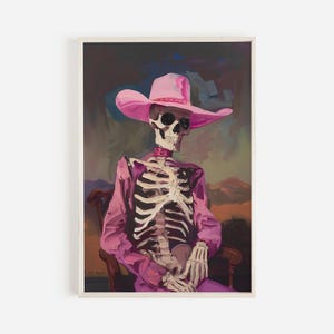 May include: A painting of a skeleton wearing a pink cowboy hat and a purple suit. The skeleton is sitting in a chair with its hands clasped in its lap. The background is a dark, abstract landscape.