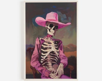 Gruseliges Cowgirl-Skelett Poster, Preppy Halloween-Dekoration, rosa Cowgirl-Druck, trendige Skelettwandkunst, Halloween-Skelettplakat
