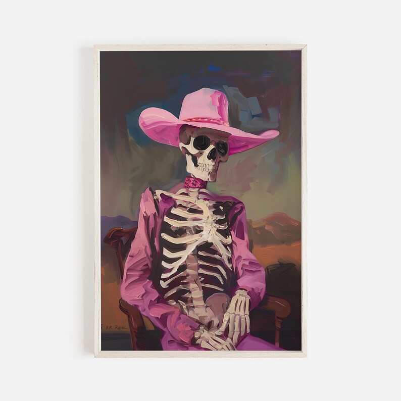 May include: A painting of a skeleton wearing a pink cowboy hat and a purple suit. The skeleton is sitting in a chair with its hands clasped in its lap. The background is a dark, abstract landscape.