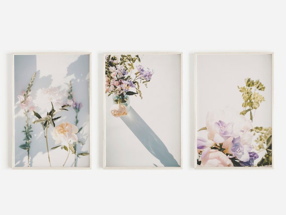 Flower Wall Art, Set of 3 Prints, Wild Flower Printables, Floral Print Set, Pastel Flower Art, DIY Wall Art