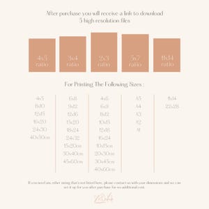May include: A chart showing different aspect ratios and corresponding print sizes in inches and centimeters. The chart is titled "For Printing The Following Sizes:" and includes standard paper sizes like A5, A4, A3, A2, and A1.