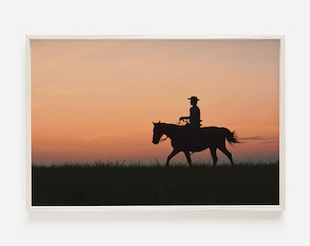 Mexican Cowboy Silhouette, Southwest Decor, Sunset Over The Desert, Desert Ranch Poster, Cowboy Photography, Western Aesthetic, Cowboy Art
