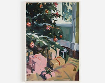 Wrapped Gifts Under Christmas Tree Print Vintage Style Artwork, Warm Christmas Vibes, Christmas Painting, Holiday Aesthetic, Merry Christmas