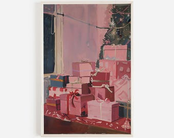 Presents Wrapped Under Christmas Tree Print, Pink Holiday Aesthetic, Girly Xmas Decor, Pile of Presents Under Tree, Pink Christmas Artwork