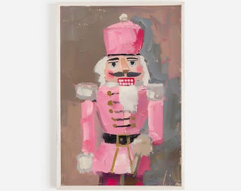 Pink Nutcracker Wall Art, Hot Pink Nutcracker, Coquette Aesthetic, Holiday Artwork, Painting Of Nutcracker, Vintage Style Art, Holiday Art