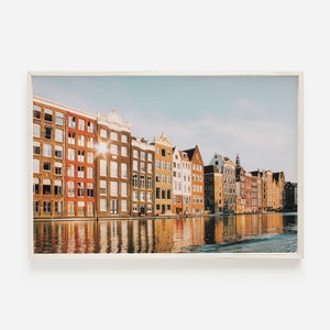 Amsterdam Travel Poster, Colorful Amsterdam Print, Row Homes on Canal, Netherlands Wall Art, Europe Printable Art, Canal Photography
