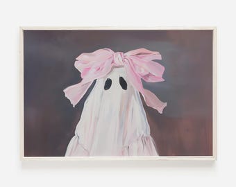 Pink Bow Ghost Wall Art, Cute Ghost Poster, Halloween Decor, Pastel Spooky Decor, Preppy Aesthetic, Pink Bow Ghost Printable, Girly Ghost