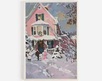 Snow Covered Cottage At Christmas Print, Pink Cottage Poster, Vintage Style Painting, Pink House In Snow, Snowy Christmas Art, Winter Scene
