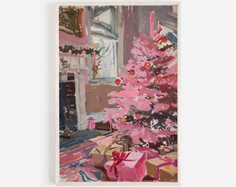 Hot Pink Christmas Tree Print, Vintage Style Painting, Coquette Holiday Scene, Christmas Morning Artwork, Girly Xmas Tree, Pink Presents Art