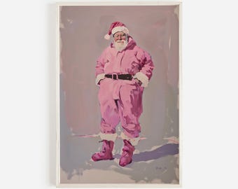 Pink Santa Printable Art, Girly Santa Outfit Poster, Vintage Style Painting, Pink Christmas Aesthetic, Preppy Santa Poster, Santa in Pink