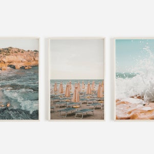 Beach Summer Prints, Set of 3, Rocky Coastline Photo, Beach Umbrellas Print, Crashing Waves Wall Art, Tropical Decor, 3 Piece Print Set