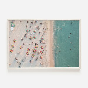 Aerial Beach View, Summer Vibes, Pastel Beach Printable, People on The Beach, Teal Ocean Water, Beach Umbrella Print, Digital Download