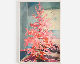 Hot Pink Christmas Tree Print, Girly Holiday Decor Pink Aesthetic, Cozy Home Decor, Pink Holiday Artwork, Christmas Art Brushstroke Painting