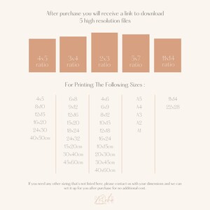 May include: A digital art print size guide with text in a minimalist style. The guide shows various aspect ratios and print sizes, including 4x5, 8x10, 12x15, 16x20, and 24x30 inches. It also lists sizes in centimeters, such as 40x50cm.
