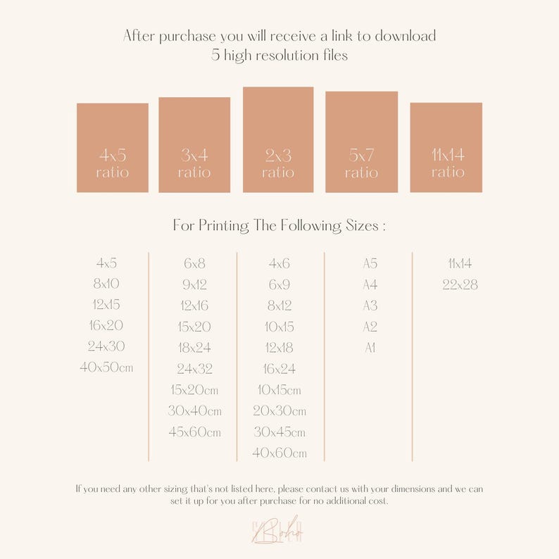 May include: A digital art print size guide with text in a minimalist style. The guide shows various aspect ratios and print sizes, including 4x5, 8x10, 12x15, 16x20, and 24x30 inches. It also lists sizes in centimeters, such as 40x50cm.