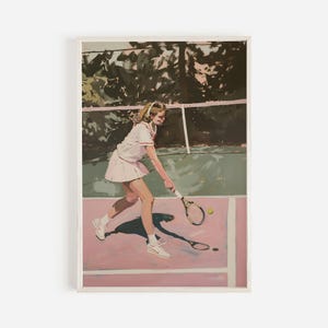 Retro Girl Playing Tennis Poster, Country Club Court, Pink Tennis Wall Art, Preppy Athletic Print, 1970s Tennis Outfit, Pink Tennis Court
