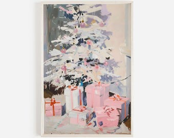 Gifts Under The Tree Wall Art, Pink Holiday Decor, Girly Aesthetic, White Xmas Tree, Christmas Artwork, Pink Digital Art, Girly Gifts