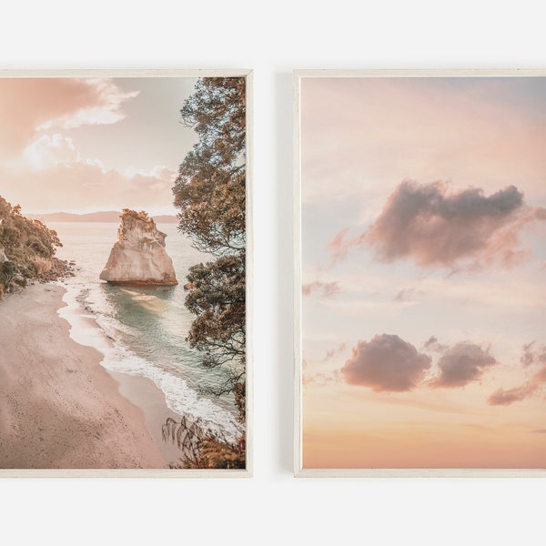 Sunset Beach Print Set, Set of 2 Prints, New Zealand Wall Art, Coastal Landscape Prints, Pink Clouds at Sunset, Boho Wall Art, Printable Art