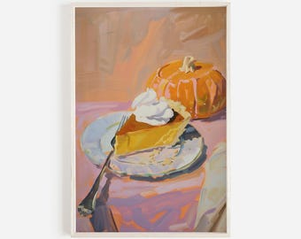 Pastel Pumpkin Pie Dessert Print, Fall Kitchen Decor, Girly Thanksgiving Aesthetic, Vintage Farmhouse Painting, Pumpkin Pie Autumn Art