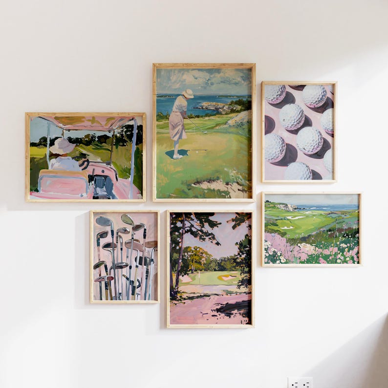 May include: A collection of six framed golf-themed art prints. The prints feature golf courses, golf balls, and golfers in action. The color palette includes greens, pinks, and blues, creating a cohesive aesthetic for wall decor.