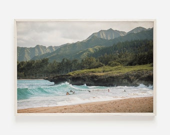 Hawaii Beach Scenery, Surfers in Ocean Wall Art, Surf Art Home Decor, Coastal Hawaii Photography, Hawaii Island Photo, Jungle Along Beach