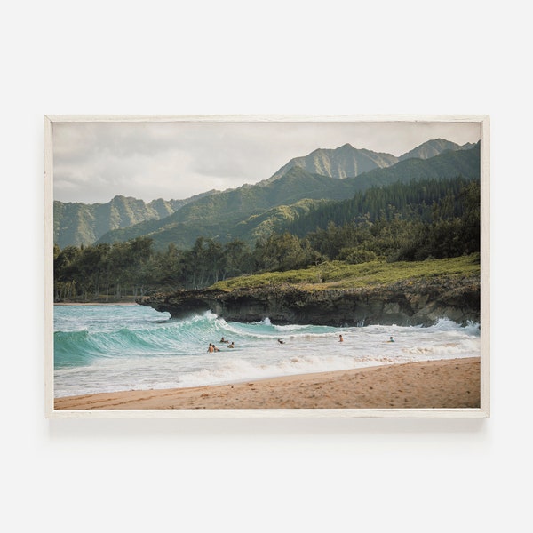 Hawaii Beach Scenery, Surfers in Ocean Wall Art, Surf Art Home Decor, Coastal Hawaii Photography, Hawaii Island Photo, Jungle Along Beach