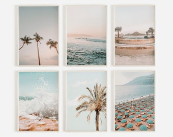 Summer Beach Set, Set of 6 Prints, Summer Prints, Beach Umbrella, Palm Tree Photos, Tropical Print, Peach and Teal, Boho Beach Print Set