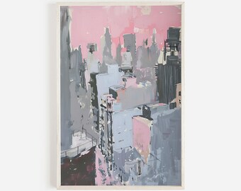 Pink City Skyline Print, Girly Bedroom Art, City Girl Poster, Hand Painted Printable Art, Skyscraper Buildings Wall Art, Pink And Gray Art