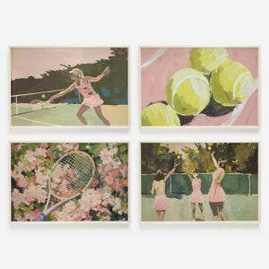 Girly Tennis Print Set of 4, Retro Tennis Illustrations, Pink Tennis Decor, Preppy Tennis Art, Minimalist Tennis Artwork, Vintage Tennis Art