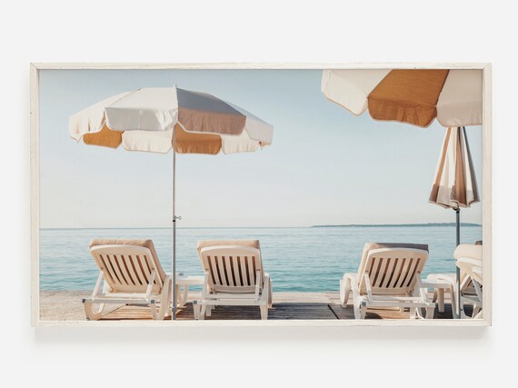 Samsung Frame TV Art | Beach Umbrella Art for Frame TV | Boho Beach TV Decor | French Beach Getaway | Coastal Tv Art | Summer Frame Tv Art