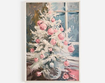 Pink Ornaments on Christmas Tree Print, Vintage Digital Art, Girly Holiday Decor, Pink Aesthetic, White Xmas Tree Poster, Brushstroke Art