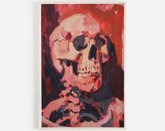 Vintage Gothic Skull Painting, Halloween Decor, Girly Spooky Artwork, Skull Painting, Pink Halloween Art, Hand Painted Vintage, Trendy Art