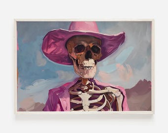 Western Skelett Cowgirl druckbare, Preppy Cowgirl Dekor, trendige Halloween Poster, Vintage Stil Malerei, Pink Gothic Art, Cowgirl Skelett