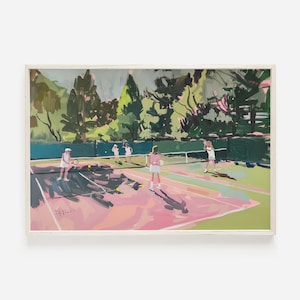 Vintage Tennis Lessons Wall Art, Tennis Girls Art Print, Preppy Country Club Painting, Mid Century Decor, Pink Tennis Court Wall Art