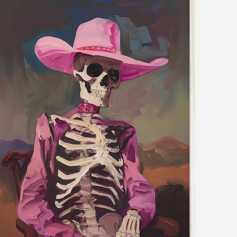 May include: A painting of a skeleton wearing a pink cowboy hat and a pink shirt. The skeleton is sitting in a chair and has a serious expression on its face.