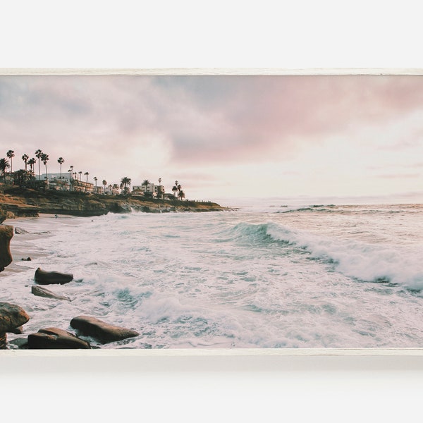 Samsung フレーム TV アート | フレーム TV 用パステル アート | 夏のビーチ プリント | 海岸の夕焼けの写真 | 綿菓子の空 | ビーチの夕焼けフレーム TV アート