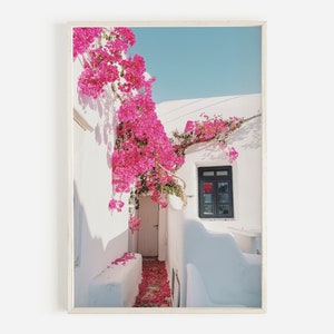 Santorini Wall Art, Greece Photography, Pink Prints, Bougainvillea Print, Greek Island Print, Downloadable Print, Printable Art