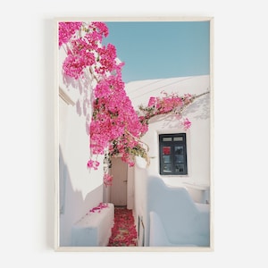 Santorini Wall Art, Greece Photography, Pink Prints, Bougainvillea Print, Greek Island Print, Downloadable Print, Printable Art