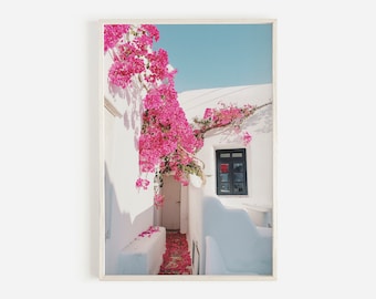 Santorini Wall Art, Greece Photography, Pink Prints, Bougainvillea Print, Greek Island Print, Downloadable Print, Printable Art