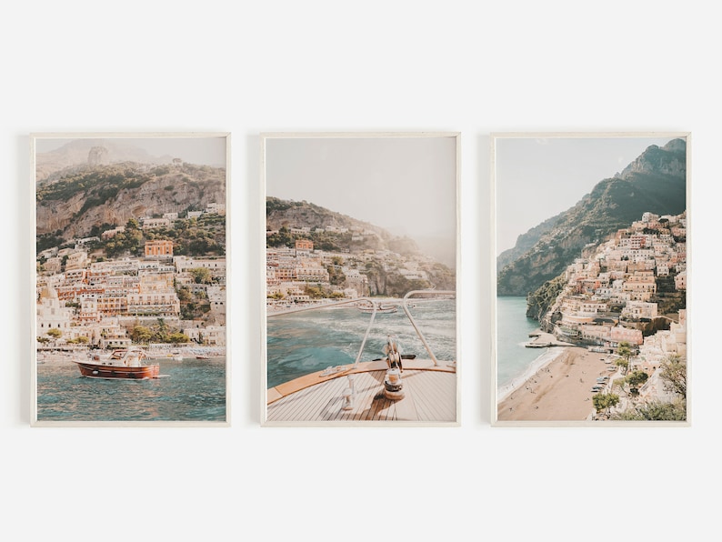 Set of 3 whimsical prints of warm summer scenes on the Amalfi Coast in Positano, Italy.  All 3 prints will bring any boho living space to life.  These are instantly downloadable, digital prints.