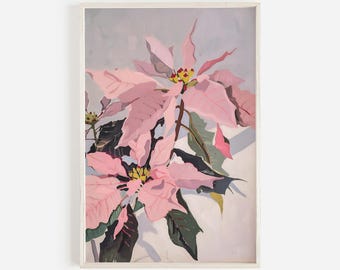 Pink Poinsettia Flowers Wall Art, Girly Holiday Decor, Cozy Coquette Poster, Pink Floral Printable, Holiday Flower Art, Christmas Poinsettia