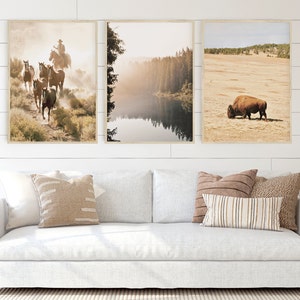 Op de afbeelding: Drie ingelijste landschapsprints. De eerste toont een cowboy die paarden berijdt op een stoffig pad. De tweede toont een meer omgeven door bomen. De derde toont een bizon die in een veld graast. De prints worden boven een witte bank weergegeven.