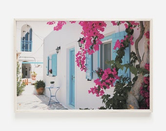 Santorini Wall Art, Bougainvillea Print, Greece Street, Santorini Architecture, Greece Wall Art, Santorini Photography, Greece Wall Decor