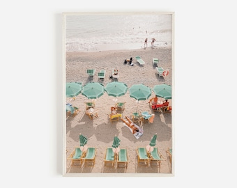 Sommarparasoller, Flygfoto över stranden, Pastellfärgad strandtryck, Strandlandskap, Flygfoto över stranden, Kustdekor, Bohemisk strandkonst