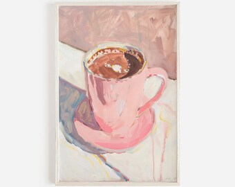Hot Chocolate Printable Art, Girly Mug Poster, Holiday Treat Painting, Vintage Style Art, Cozy Coquette Poster, Brushstroke Painting