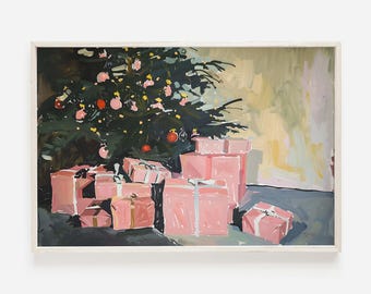 Pink Presents Under Tree Wall Art, Girly XMAS Printable Art, Vintage Style Print, Holiday Pink Decor, Pink Gifts Poster, Brushstroke Photo
