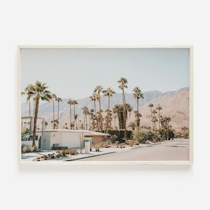 Palm Springs Street, California Desert Scenery, Palm Springs Landscape, Palm Tree Lined Street, Mid Century Modern Homes, Summer Desert Art