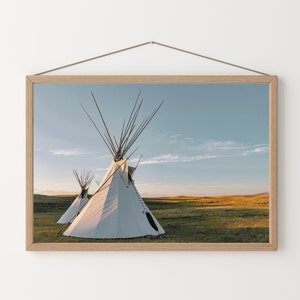 May include: Two white teepees stand on a grassy field against a blue sky with white clouds. The teepees are made of canvas and have wooden poles. The field is covered in green grass and there are some yellow wildflowers.