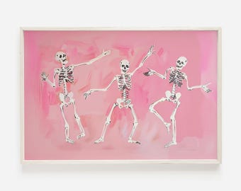 Dancing Skeletons Print, Halloween Wall Art, Trendy Girly Art, Skeleton Poster, Halloween Pink Decor, Pink Disco Skeletons, Zombie Disco Art